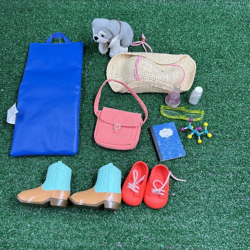 Our Generation Doll Accessory Lot Shoes Hat Dog‎ Purse Science Set Mat